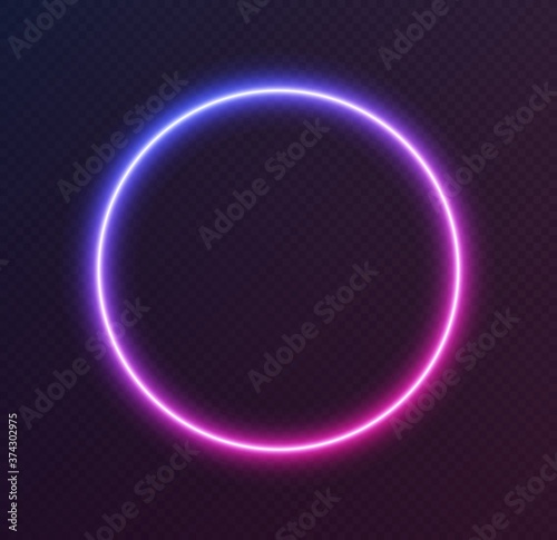 Gradient neon circle, blue-pink glowing border isolated on a dark background. Colorful night banner, vector light effect. Bright illuminated shape.