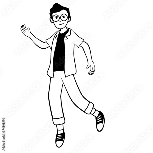 Full body boy casual male man standing explain introducing presentation working freelance study