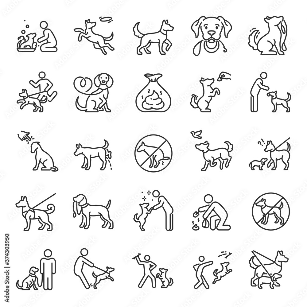 Dog walking, icon set. Dog on a leash with the owner, linear icons. Clean  up after your dog. Playing with a pet. Line with editable stroke Stock  Vector