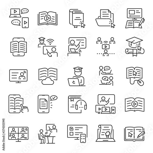 Online education, e-learning, icon set. Distance learning program, linear icons. Communication with the teacher at a distance. Line with editable stroke