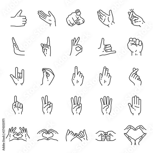 Hand gestures, icon set. Finger gesture, linear icons. Thumb up, ok, palm, point, stop, snap fingers. Line with editable stroke
