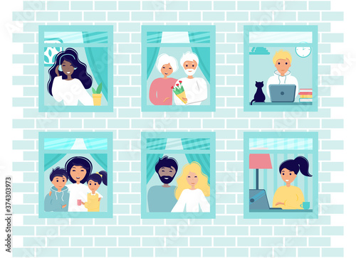 House facade with windows. Home office during coronavirus outbreak concept. Families, couples, young and old people look out of the windows. Vector illustration in flat style. Stay at home.