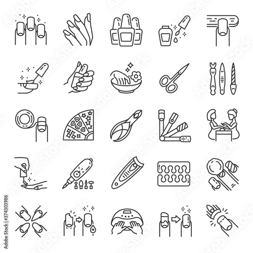Manicure, icon set. Tools for cosmetic beauty treatment for the fingernails and hands, linear icons. Nail care. Line with editable stroke photo