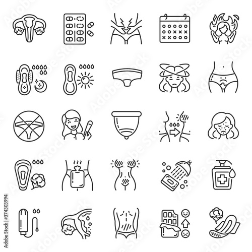 Menstruation symptoms, icon set. Period, monthly, linear icons. Line with editable stroke