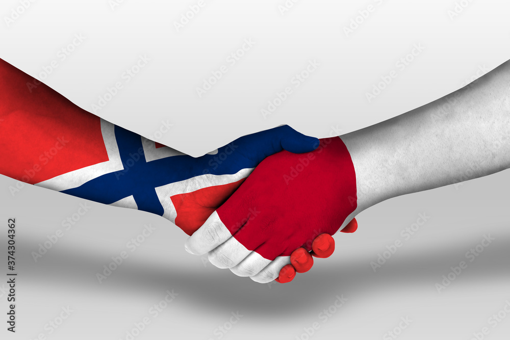 Handshake between japan and norway flags painted on hands, illustration with clipping path. Handshake between japan and norway flags painted on hands, illustration with clipping path.