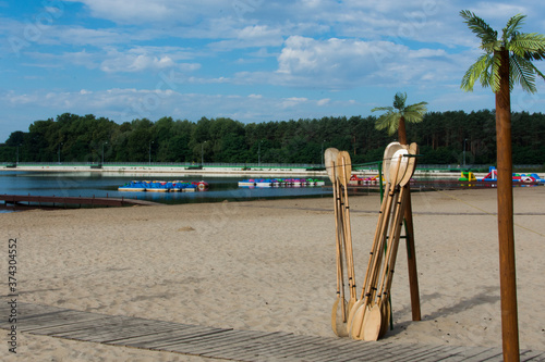 A picture od a lake, a beach and wooden canoe paddles.