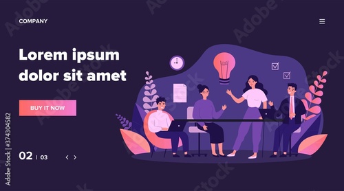 Business team working together, brainstorming, discussing ideas for project. People meeting at desk in office. Vector illustration for co-working, teamwork, workspace concept