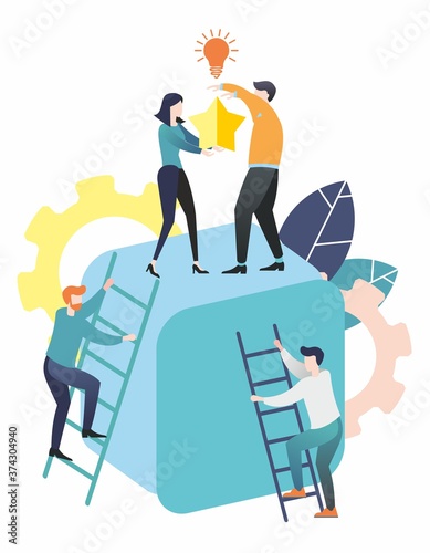 Flat illustration. A group of people goes to the goal. Achieving goal. Way up. Teamwork. Business. Achieving success.