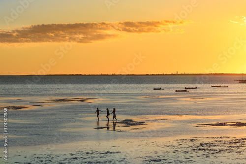 Three childrens are playing in the sea at low tide on a background of amber sunset © Ольга Петруша