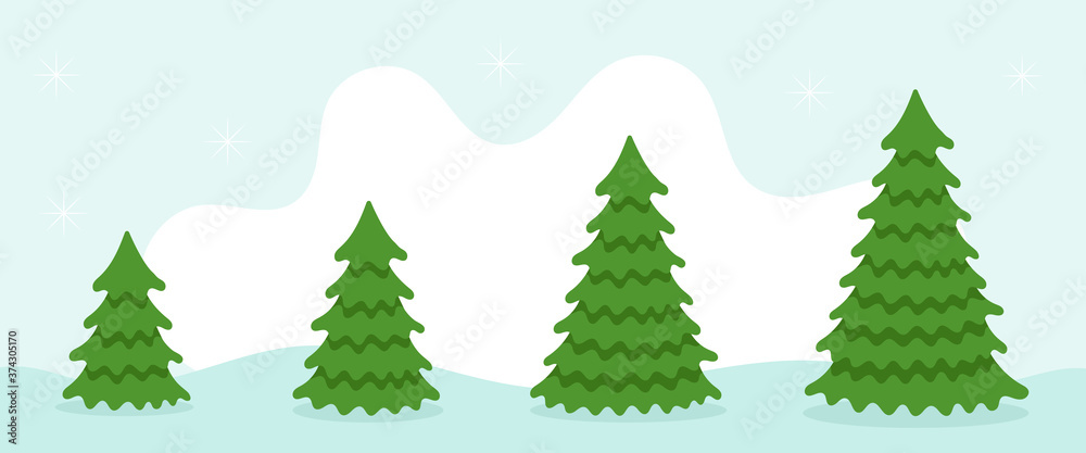 Christmas tree growth stages. Four stages of tree growth. The process of growing a tree. Preparing for the new year and christmas. Flat cartoon illustration on snow background.