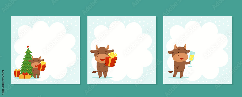 Cute vector Christmas baby bulls. Set of New Year's greeting cards. Templates for the holiday. Flat cartoon illustration on light background with snowflakes