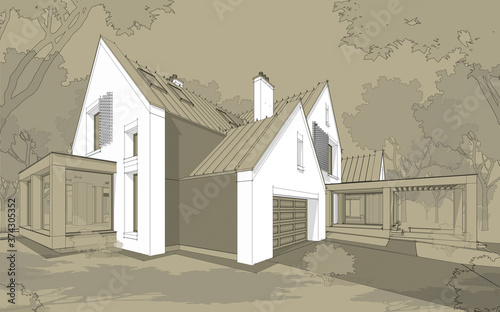3d rendering of modern cozy clinker house on the ponds with garage and pool for sale or rent. Black line sketch with white spot and hand drawing entourage on craft background