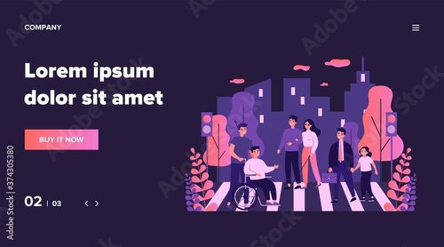 Disabled people crossing street. Blind woman, wheelchair, child flat vector illustration. Urban traffic, safety, rules concept for banner, website design or landing web page