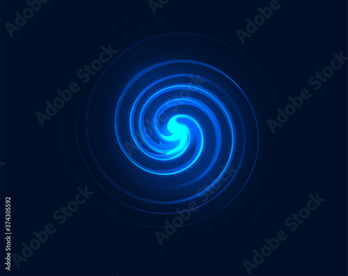 Rotation spiral abstract motion twirl glowing neon blue light illusion element, galaxy or universe power swirl energy twist, flash ball whirlpool curve dark background design