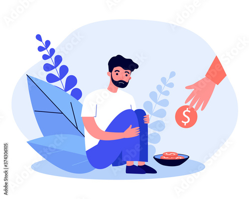 Hand giving coin to poor bearded man. Disability, money, need flat vector illustration. Charity and help concept for banner, website design or landing web page