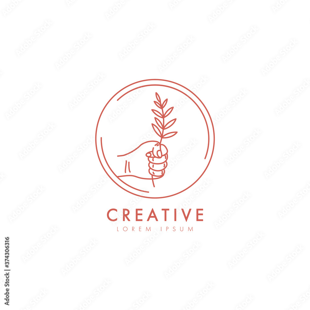 Plant in a hand icon elegant logo vector design template in trendy linear minimal style. Hand drawn style logos Plant in a hand icon elegant logo vector design template in trendy linear minimal style. Hand drawn style logos