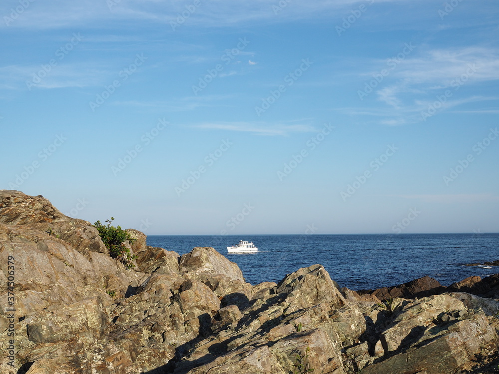 coastal Maine rocks and boat