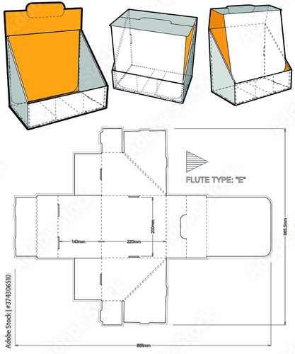 Counter display stand and Die-cut Pattern. The .eps file is full scale and fully functional. Prepared for real cardboard production.