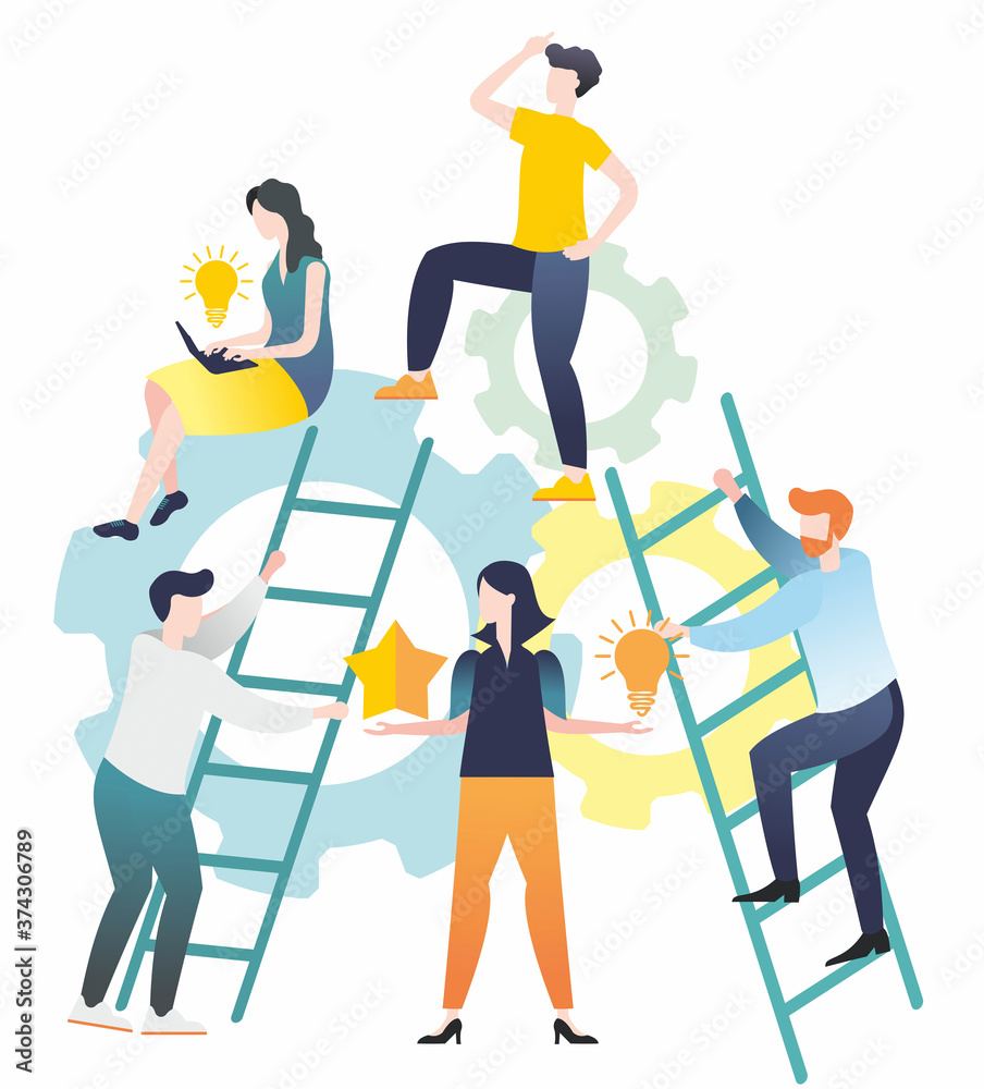 Flat illustration. Group of people. Teamwork. Men and women solve problems. Illustrations for business. Illustrations for infographics. Flat illustration. Group of people. Teamwork. Men and women solve problems. Illustrations for business. Illustrations for infographics.