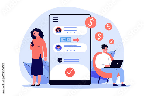 People transferring money via smartphone application. Mobile phone, cash, banking flat vector illustration. Finance and digital technology concept for banner, website design or landing web page