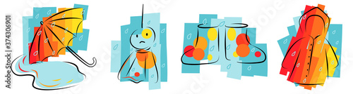 cute beautiful rainy season icon set with color contrast  hand draw line art illustration vector. rain boots, coat, umbrella, Japanese rain doll.