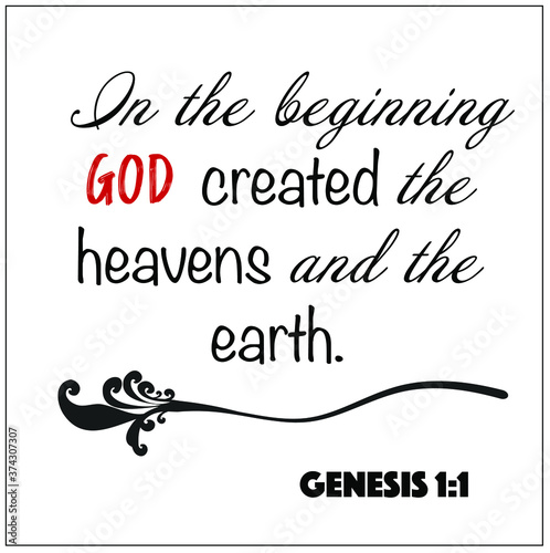 Canvas-taulu Genesis 1:1 - In the beginning God created the heavens and the earth vector on white background for Christian encouragement from the Old Testament Bible scriptures