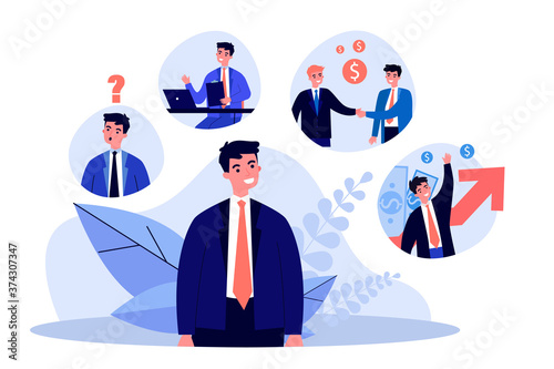 Successful young guy thinking about career growth. Job, money, wealth flat vector illustration. Finance, business and occupation concept for banner, website design or landing web page