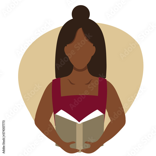 Vector flat illustration of a black woman reading a book. Education, training, book lovers club infographics, central illustration. An African American woman holds a book in a flat style