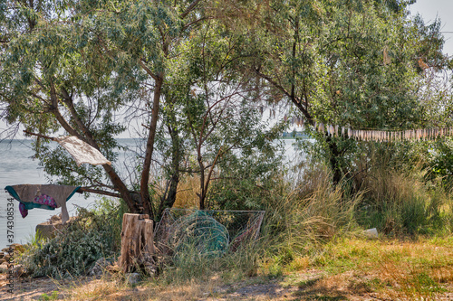Fishing spot on the shore of Dniester Estuary in Shabo, Ukraine.