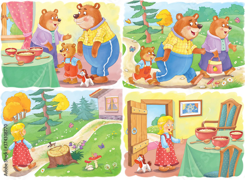 Goldilocks and the three bears. Fairy tale.  Four pictures from series. Coloring book. Educational book. Illustration for children. Cute and funny cartoon characters