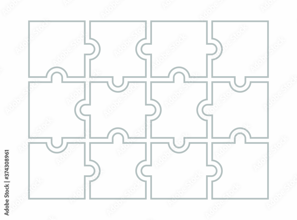 Twelve blank puzzle pieces. Puzzle for web, information or presentation design, infographics. White puzzle on white background. Vector illustration
