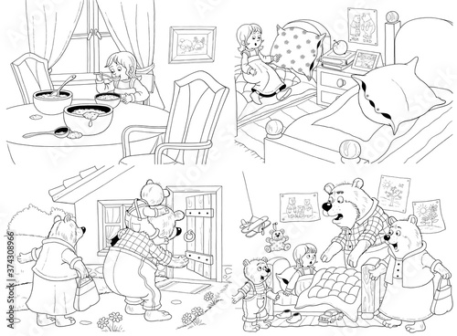 Goldilocks and the three bears. Fairy tale.  Four pictures from series. Coloring book. Educational book. Illustration for children. Cute and funny cartoon characters