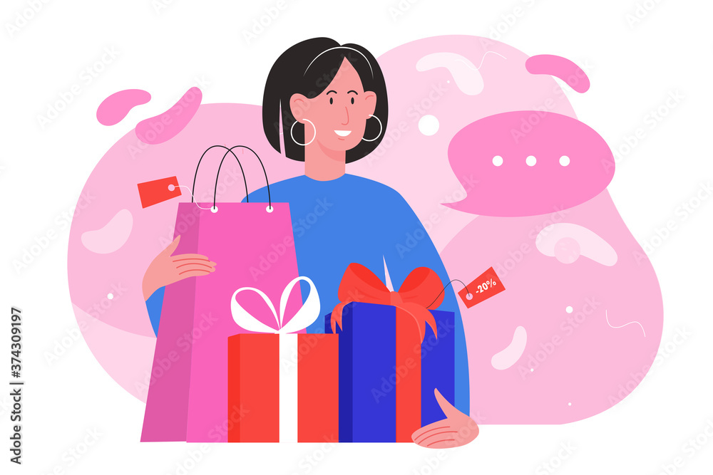 Shop sales vector illustration. Cartoon flat happy woman shopper character  holding gift box and shopping bag, shopaholic buyer girl buying present on  seasonal discount sale in store isolated on white Stock Vector |