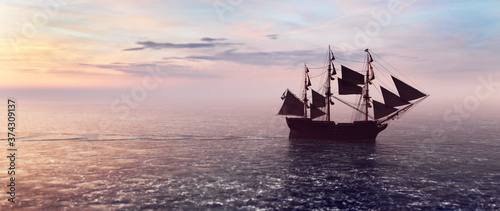 Pirate ship sailing on the ocean at sunset © Photocreo Bednarek