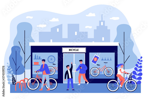 Happy young people buying bicycles in store. Shop, vehicle, wheel flat vector illustration. Transportation and urban lifestyle concept for banner, website design or landing web page