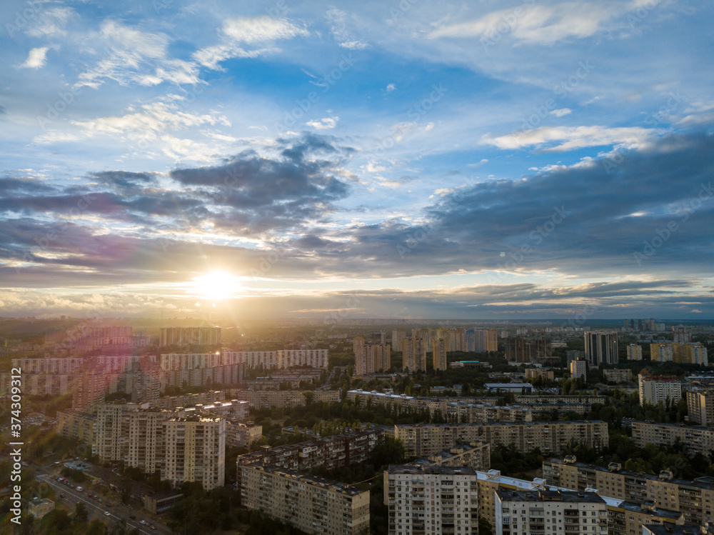 Aerial drone view. Sunset over a residential area of Kiev.