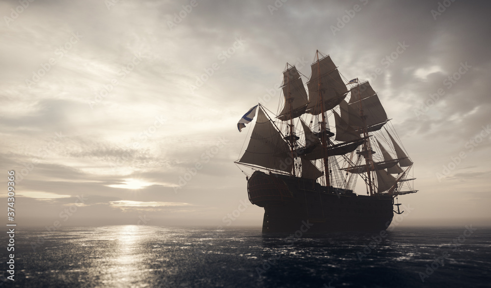 Fototapeta premium Pirate ship sailing on the ocean. Stormy clouds
