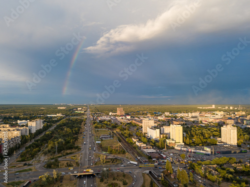 Aerial drone view. Rainbow over a residential area of Kiev.