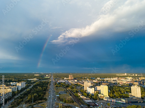 Aerial drone view. Rainbow over a residential area of Kiev. © Sergey