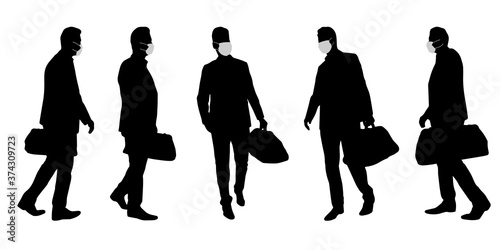 Vector concept conceptual  silhouette men travelling while social distancing as means of prevention and protection against coronavirus contamination. A metaphor for the new normal.