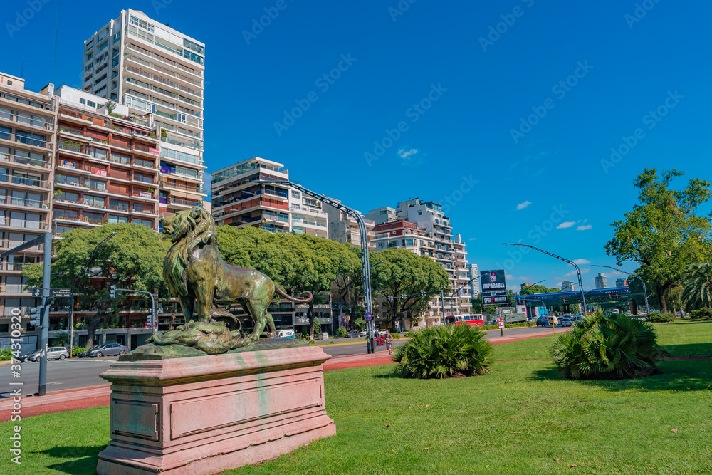 Cityscape of modern and old Buenos Aires with business and living in Palermo district, beautiful nature, parks and traditional cultural architecture at sunny day and blue sky, Argentina, summer