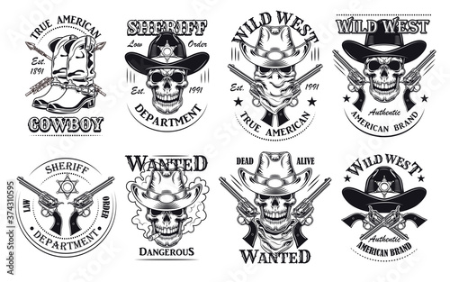 Vintage wild west flat sign set. Monochrome saloon or rodeo emblems and labels with cowboy skulls, guns and boots vector illustration collection. Wanted placard and sheriff department design concept