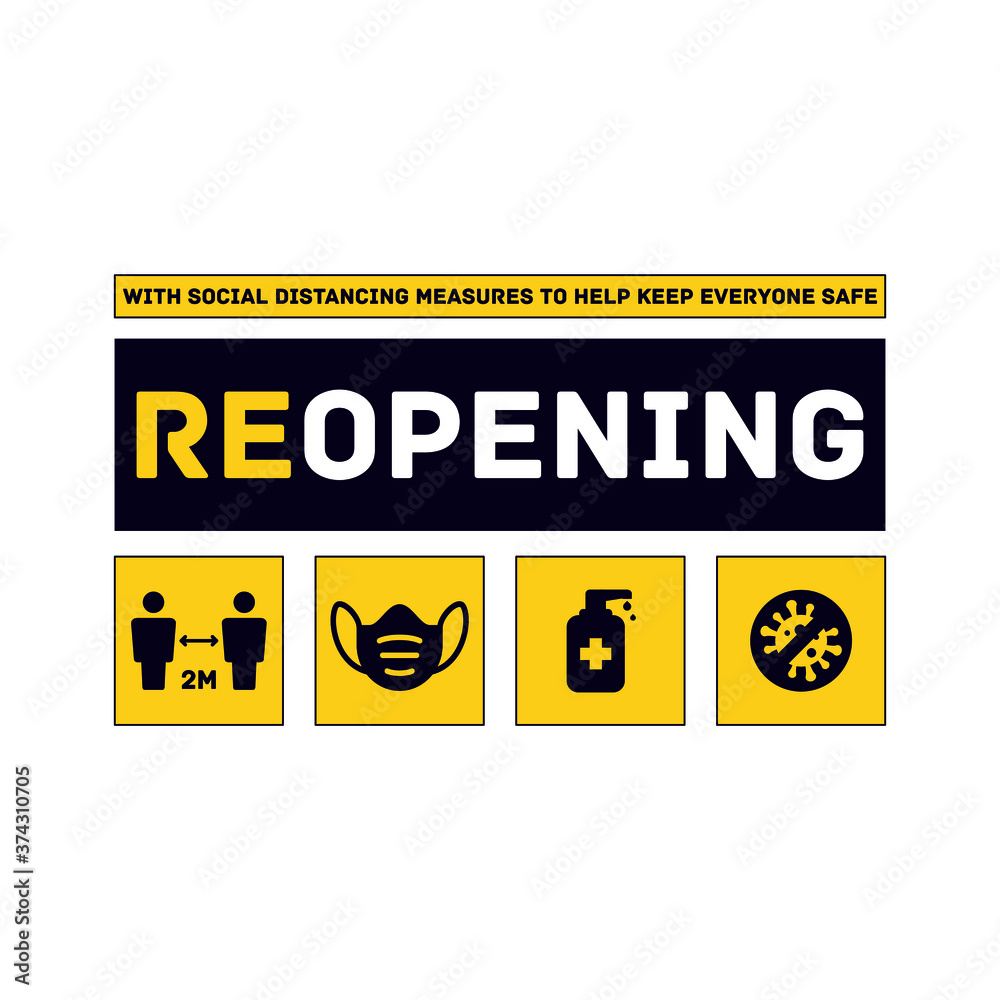 Obraz premium Reopening, open again, we're open Keep your distance green button sign for post covid-19 coronavirus pandemic Vector illustration