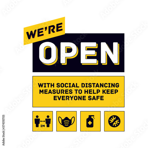 Reopening, open again, we're open Keep your distance green button sign for post covid-19 coronavirus pandemic Vector illustration