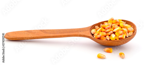  Corn grains in wooden scoop.