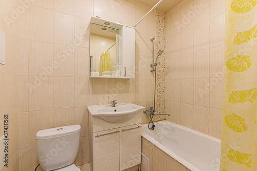 Russia, Moscow- February 15, 2020: interior room apartment modern bright cozy atmosphere. general cleaning, home decoration, preparation of house for sale. bathroom, sink, decor elements, toilet