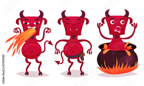 Little Red Devil with Beard, Fangs and Horns Vector Set