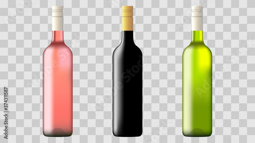 Rose, Red, White wine bottles. Vector Illustration.