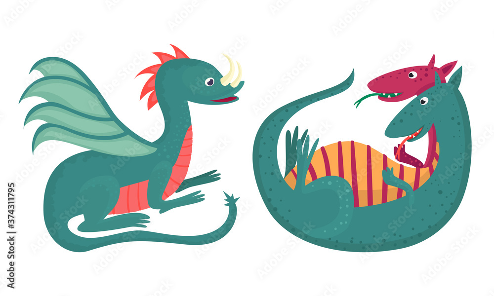 Cartoon Dragons with Wings, Pikes and Tails Vector Set Cartoon Dragons with Wings, Pikes and Tails Vector Set
