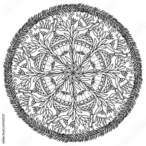 mandala with christmas balls with ornaments and flowers drawn for coloring, on a white background, vector